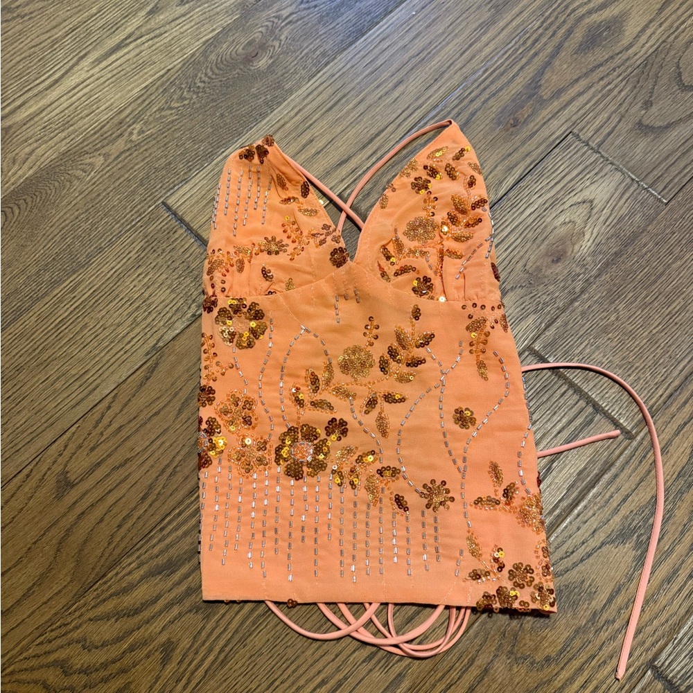 Sequin Embellished Orange Crop Top